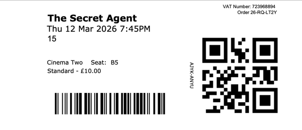 Ticket stub for seat B4 in the DCA's cinema two on 12 March 2026